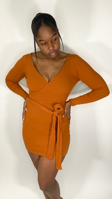  orange cotton v-neck wrap mini dress.