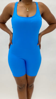  blue ribbed racerback romper with thick straps.